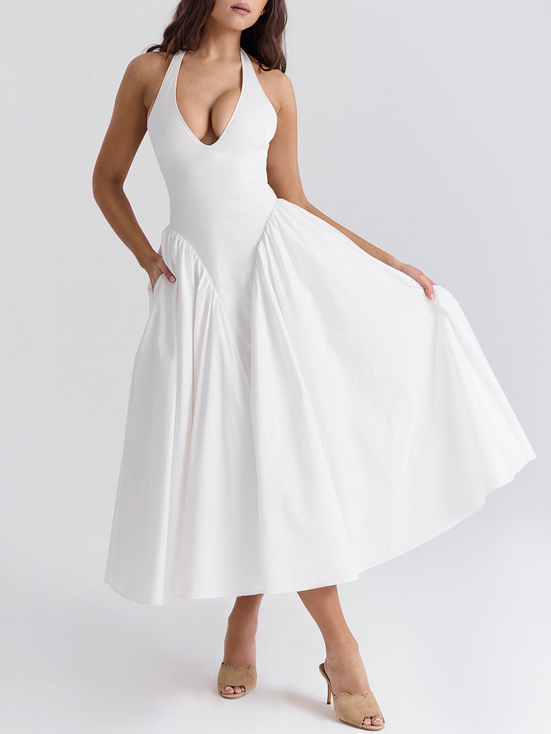 Pleated Stitching Deep V Neck Halter Waist Plain Midi Dresses