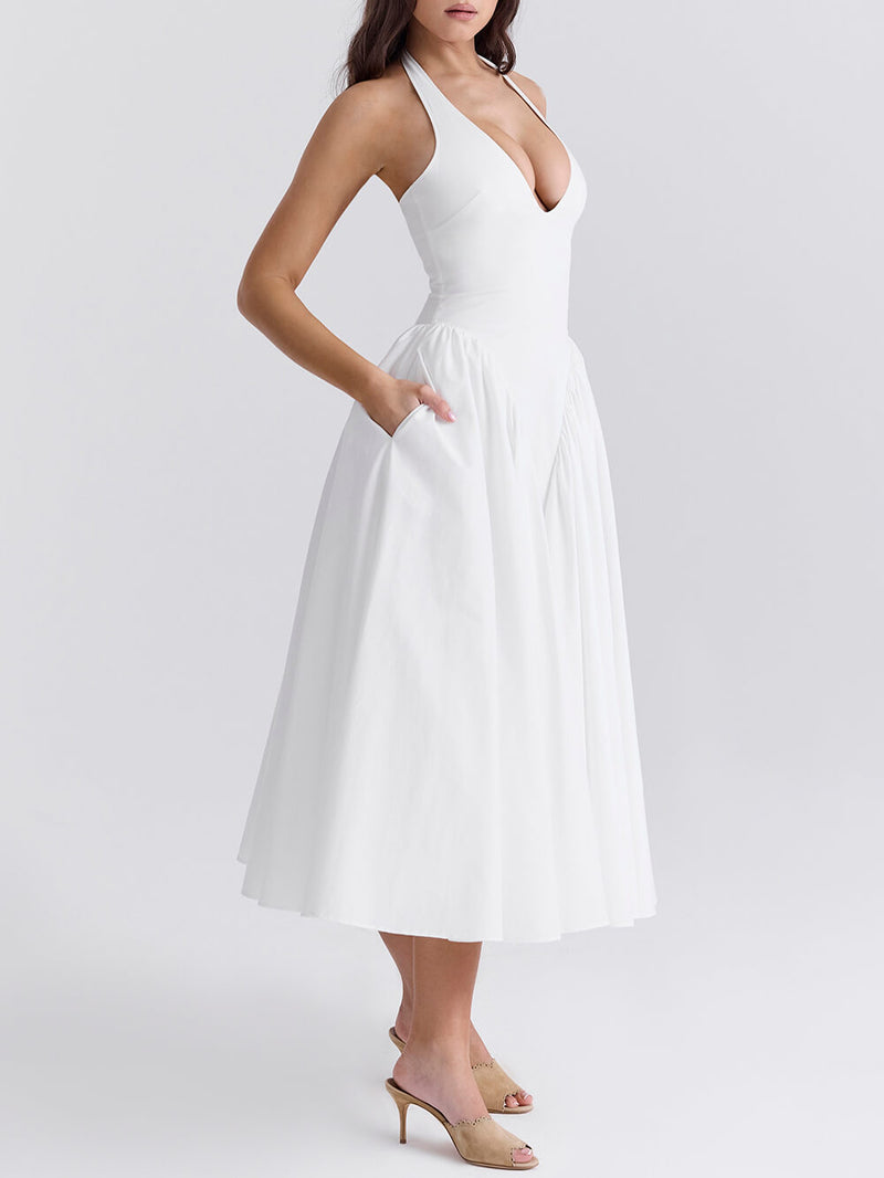 Pleated Stitching Deep V Neck Halter Waist Plain Midi Dresses