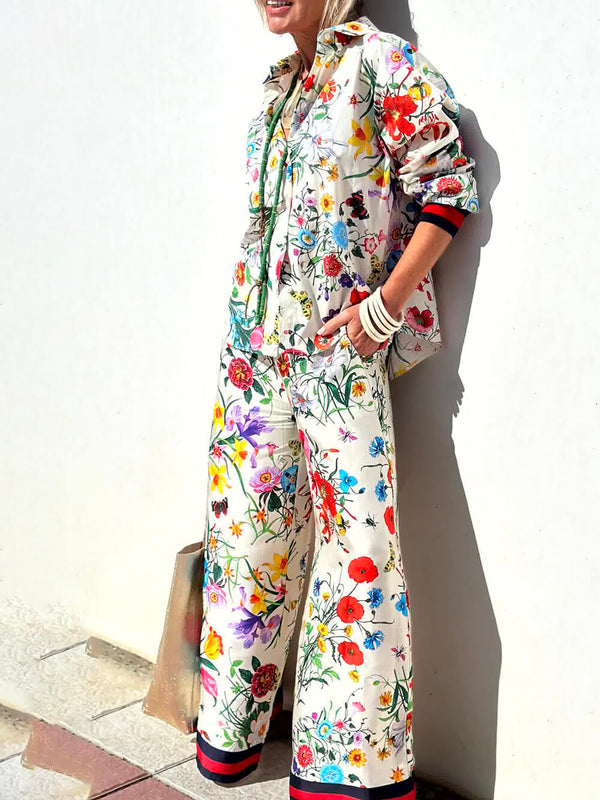 Floral Unique Print Elastic Waist Pocketed Wide Leg Pants-Set