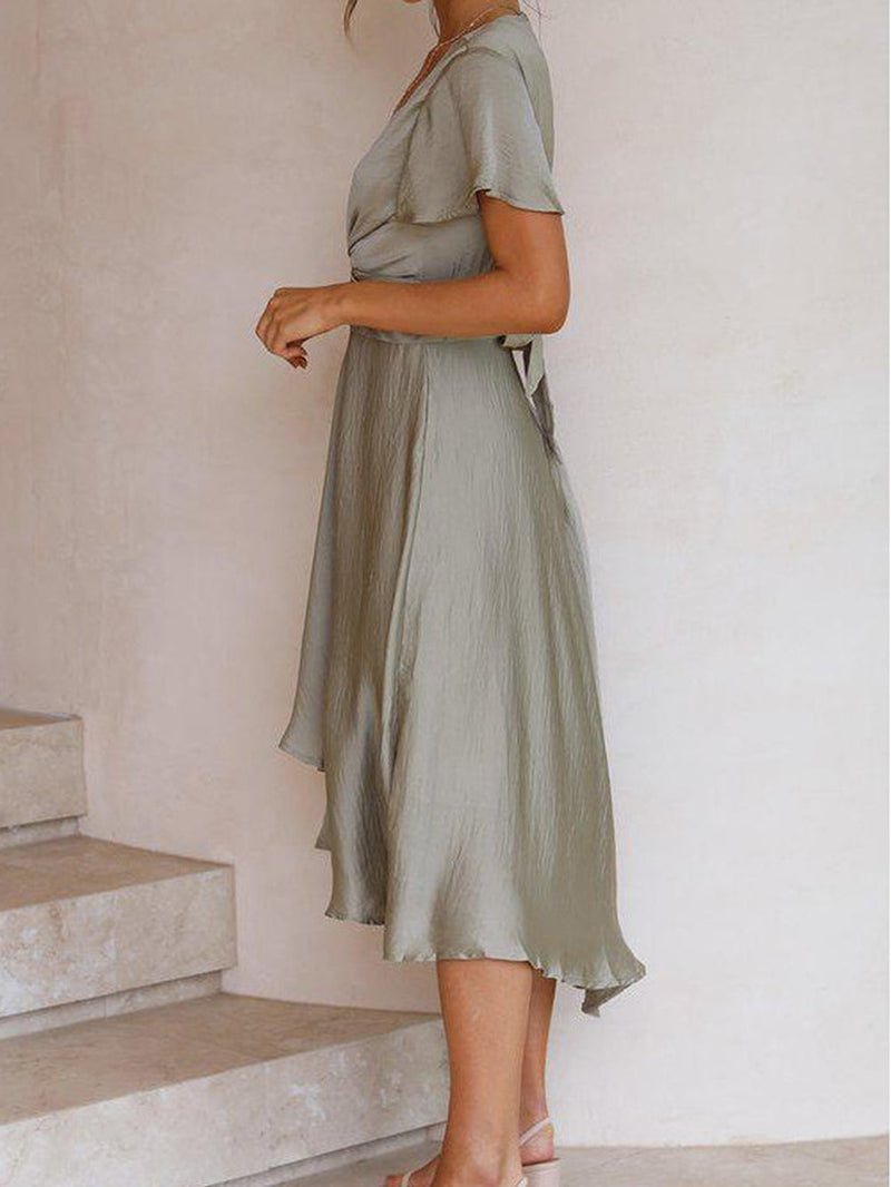 Sage Satin  Maxi Wrap Dress: Twist-Front Cutout