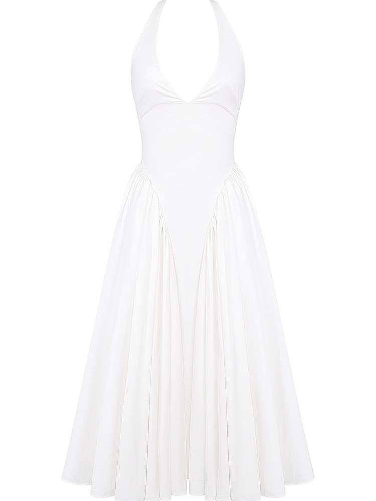 White Cotton Halter Midi Sundress