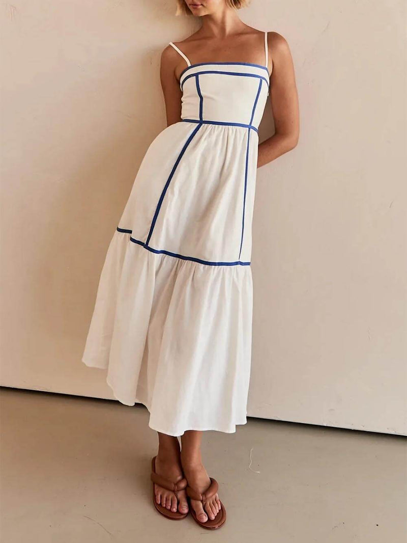 Contrast Color Trim Adjustable Straps Midi Dress