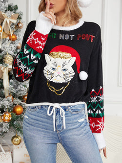 Casual Round Neck Cat Embroidery Sequin Sweater