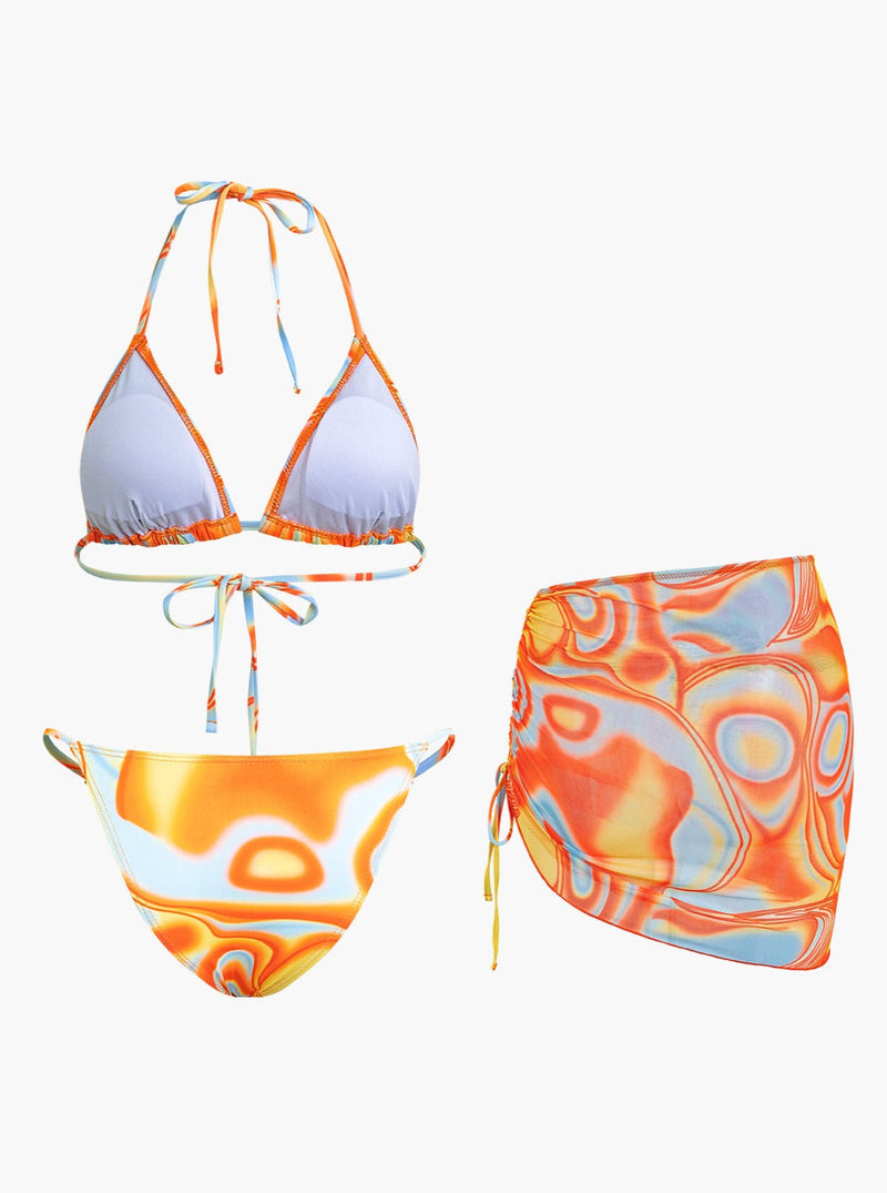 Abstract Print Halter Bikini 3-Piece Sets