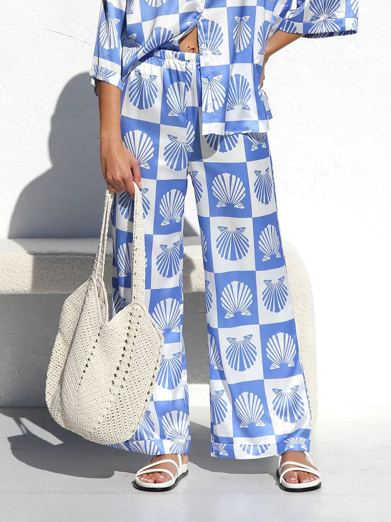 Special Satin Shell Print Wide Leg Pants-Set