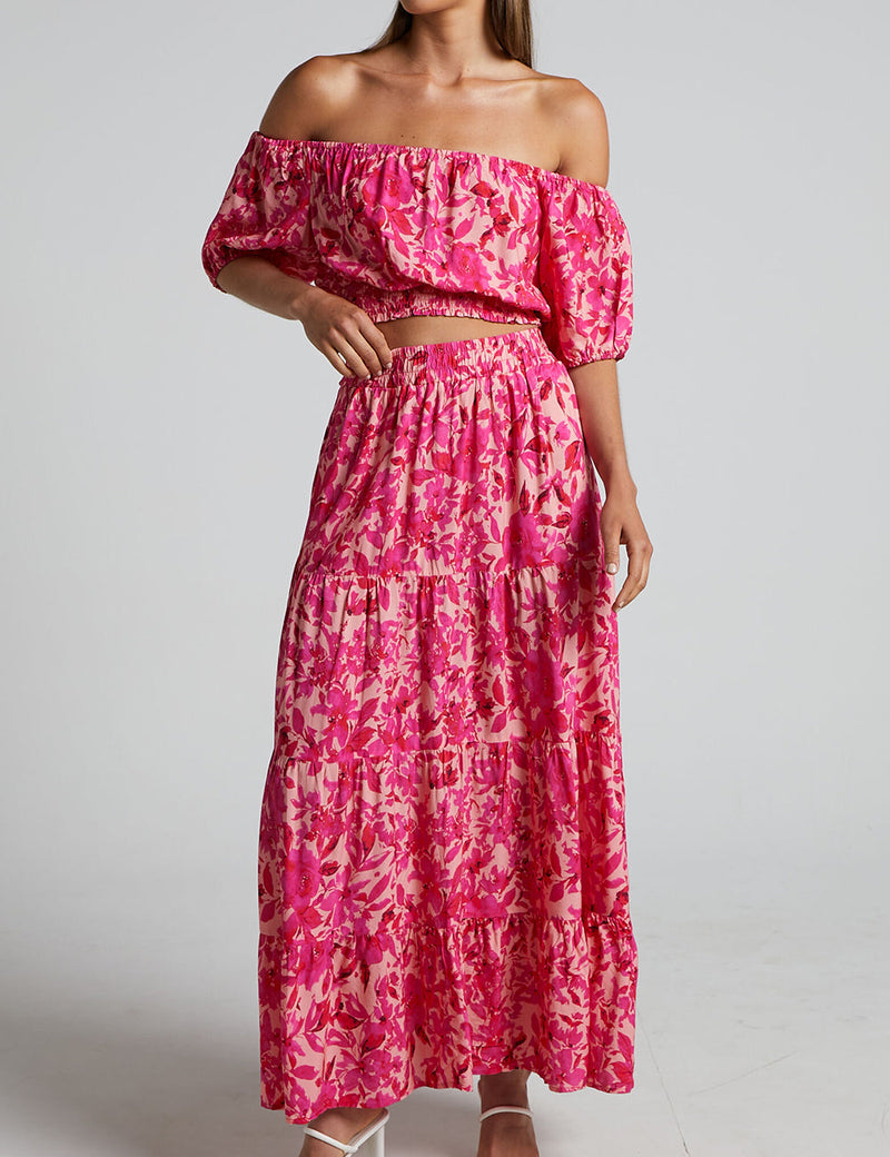 Off Shoulder Puff Sleeve Shirred Top In Pink Floral