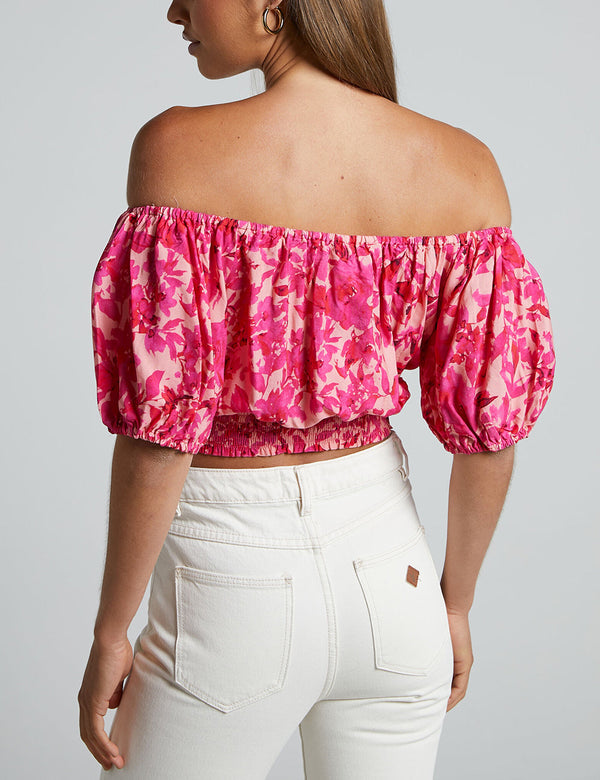 Off Shoulder Puff Sleeve Shirred Top In Pink Floral