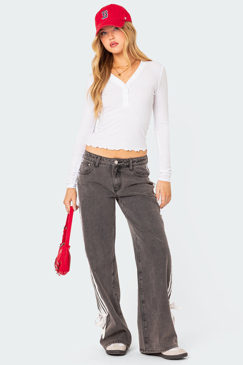 Low Waist Loose Side Striped Bow Wide-Leg Jeans