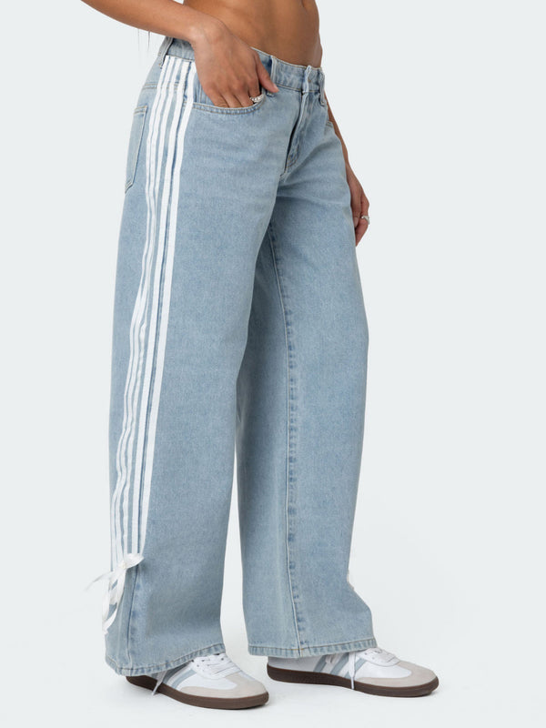 Low Waist Loose Side Striped Bow Wide-Leg Jeans