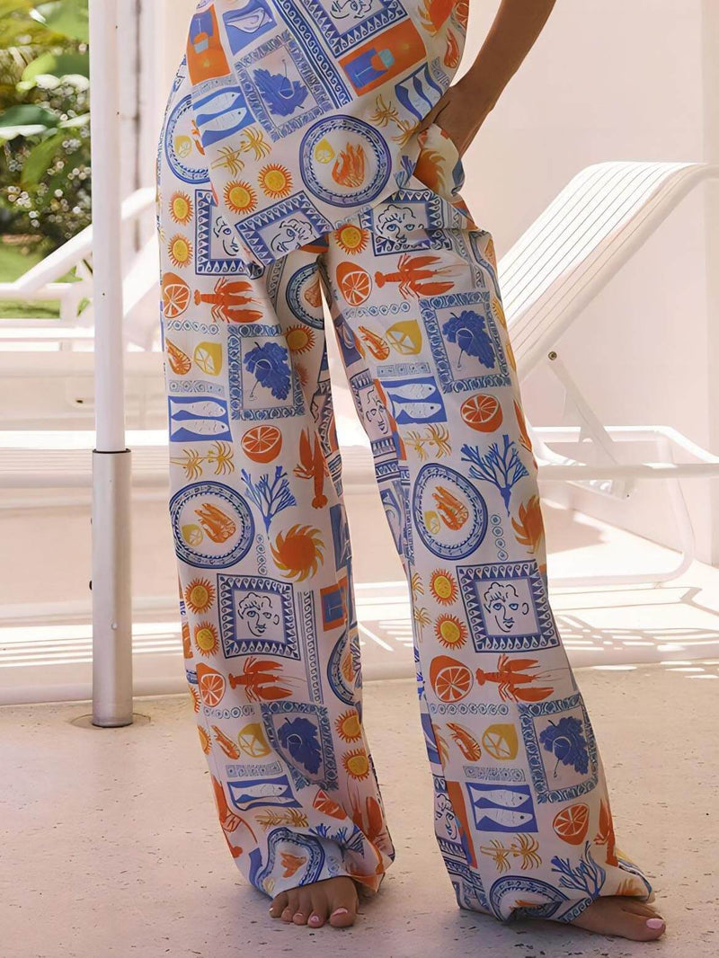 Vacation Ocean Fun Printed Wide Leg Pants