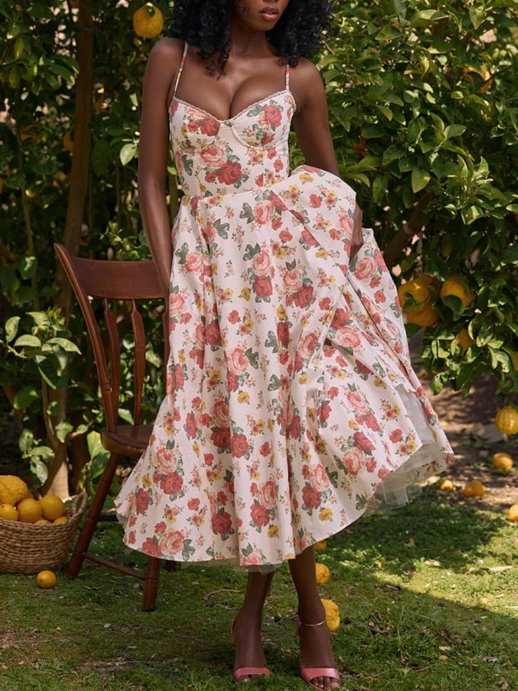 Italian Rose Print Tulle Midi Dress