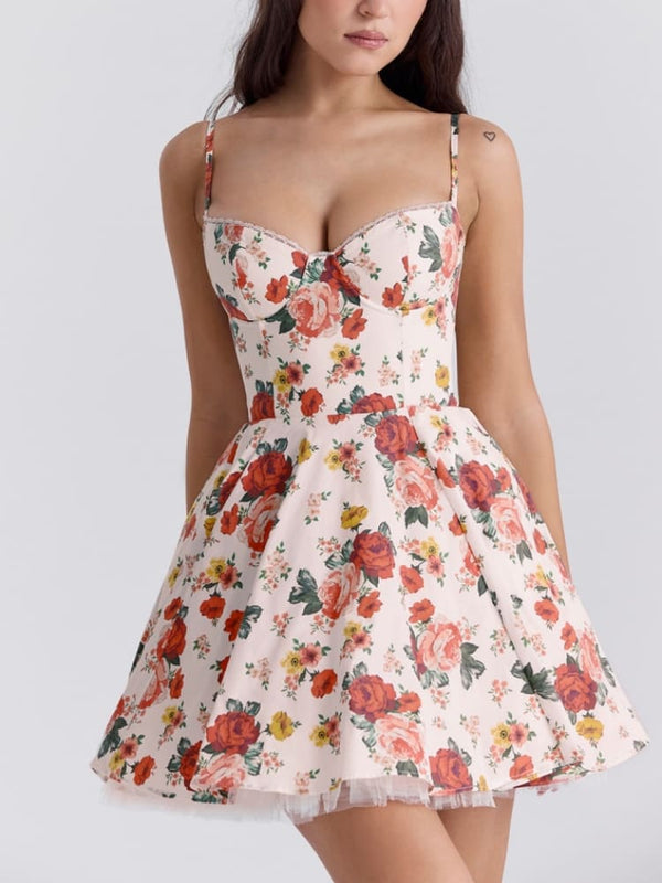 Italian Rose Print Tulle Mini Dress